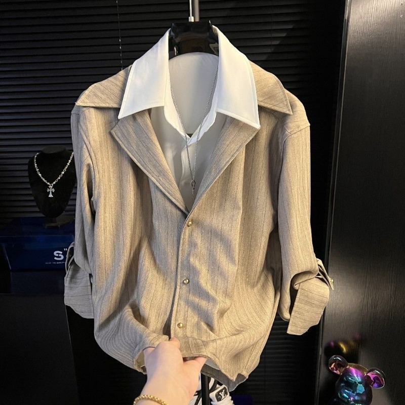 Vintage Fashion Old Money - เสื้อเชิ้ตแขนยาวลายทางสไตล์วินเทจสำหรับผู้ชาย ทรงหลวม แฟชั่นลำลอง