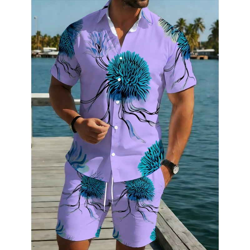 Printed Floral Shirt - ชุดเสื้อเชิ้ตฮาวายและกางเกงขาสั้นสำหรับผู้ชาย สีม่วงพื้นลายดอกไม้สีน้ำเงิน ผลิตจากโพลีเอสเตอร์น้ำหนักเบา ระบายอากาศได้ดี ทนทาน เหมาะสำหรับวันพักผ่อนริมชายหาด