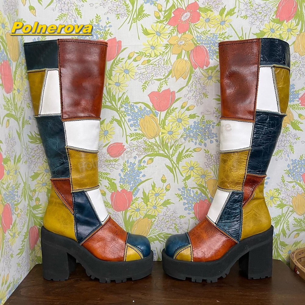Vintage Fashion Streetwear - รองเท้าบูทหนังทรงสูงถึงเข่าสไตล์เรโทรสำหรับผู้หญิง ตกแต่งด้วยผ้าปะติดหลากสี พื้นหนา ส้นหนา สไตล์วินเทจ Y2K
