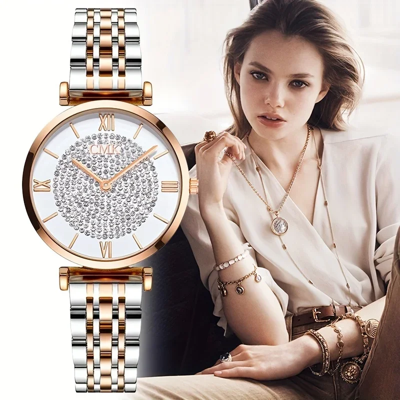 Vintage Fashion Watches - นาฬิกาควอตซ์หน้าปัดตัวเลขโรมันแนววินเทจสุดหรูพร้อมตัวชี้กลมตกแต่งด้วยพลอยเทียมและสายรัดเหล็กสแตนเลส