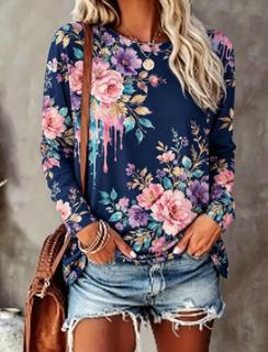 Printed Floral Shirt - เสื้อยืดผู้หญิงลายดอกไม้ สีน้ำเงินกรมท่า แขนยาว คอวี