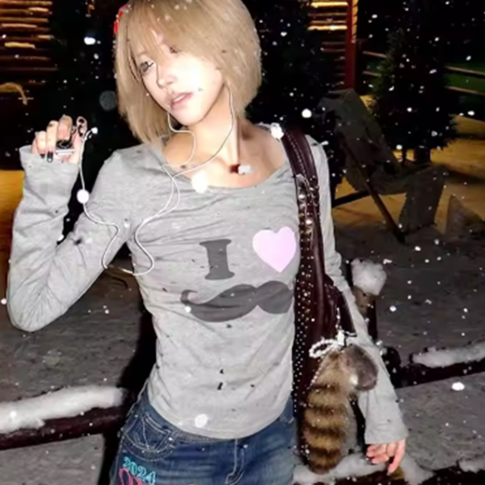 Vintage Fashion Streetwear - เสื้อยืดพิมพ์ลายเคราสไตล์ Y2K ญี่ปุ่น วินเทจ ฮาราจูกุ แขนยาว