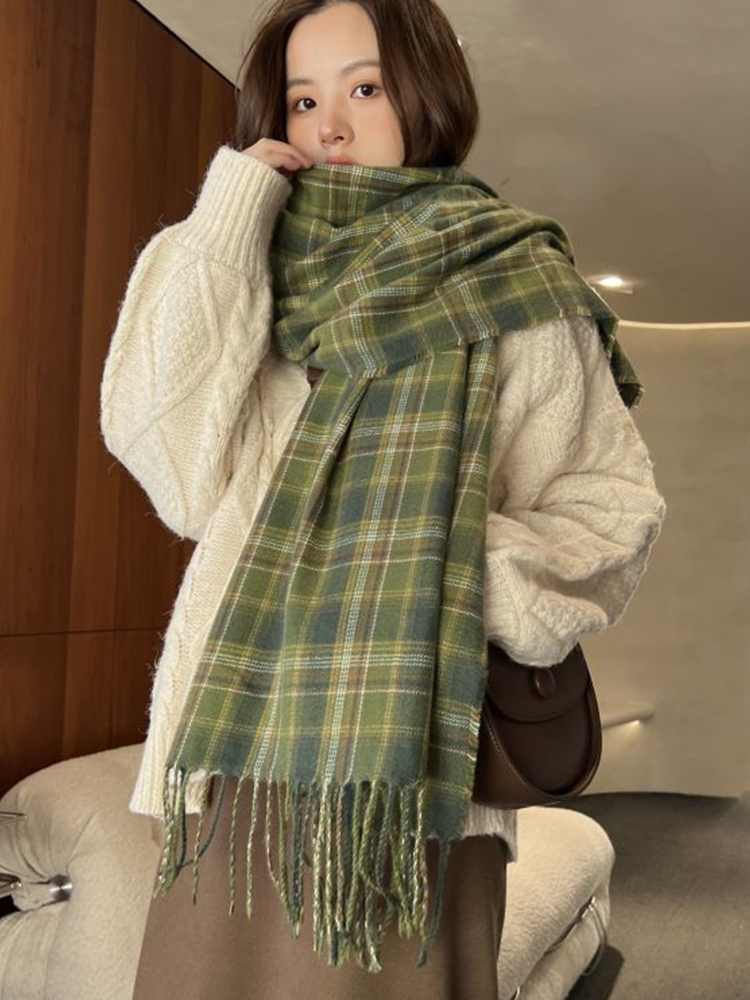 Vintage Fashion Knitwear - ผ้าพันคอแคชเมียร์เทียมแบบใหม่สำหรับผู้หญิง สไตล์วินเทจลายสก๊อต ผ้าพันคอพาชมินา ผ้าคลุมไหล่ ผ้าห่ม ผ้าพันคอแฟชั่นฤดูหนาว