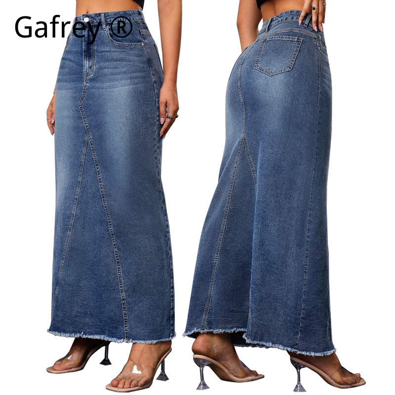 Vintage Fashion Streetwear - กระโปรงยีนส์ทรงเอ midi เอวสูง ปลายบานทรงหางปลา แต่งชายรุ่ย ทรงเข้ารูป