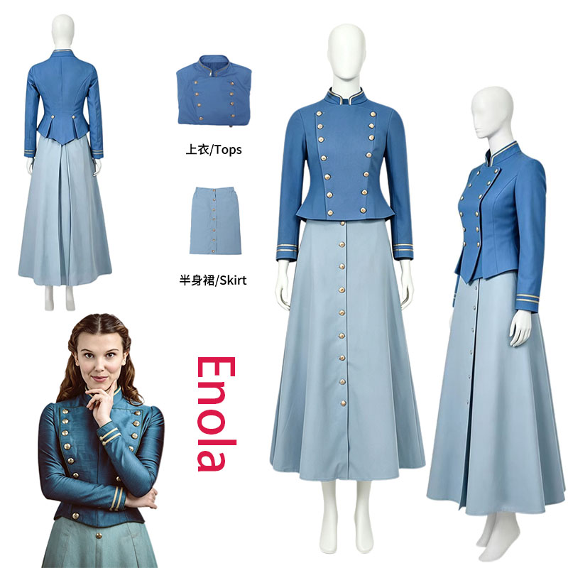 Vintage Victorian Fashion - ชุดคอสเพลย์เอโนล่าจากภาพยนตร์ WHH ชุดฮอล์มส์สำหรับผู้หญิง เสื้อแจ็คเก็ตทหารแขนยาวสไตล์วินเทจ พร้อมกระโปรง ชุดสีน้ำเงิน