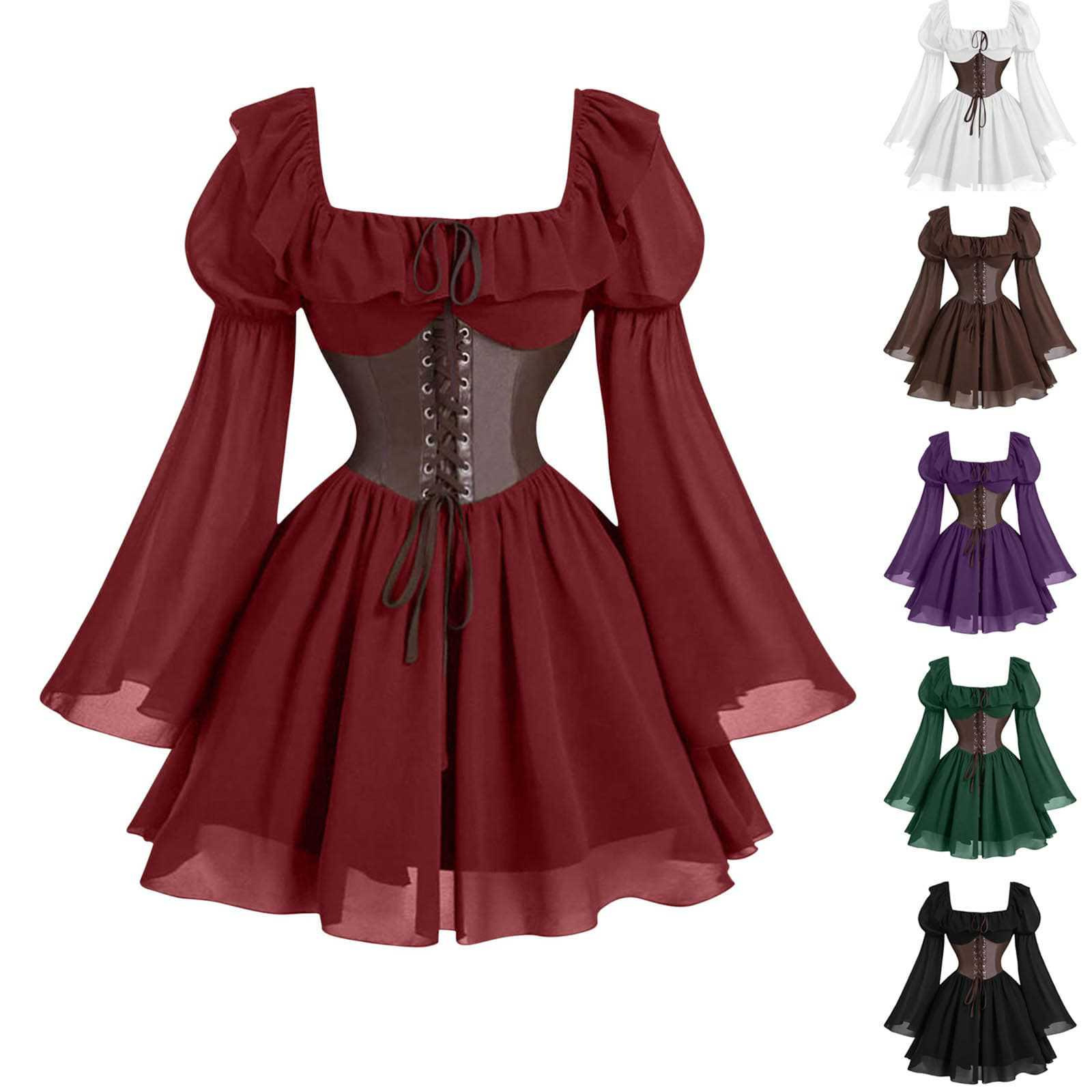 Vintage Victorian Fashion - ชุดเดรสแขนยาวสไตล์เรอเนซองส์ยุคกลางสำหรับผู้หญิง แขนพอง เหมาะสำหรับงานฮาโลวีน งานคาร์นิวัล งานปาร์ตี้ ทรงเข้ารูป
