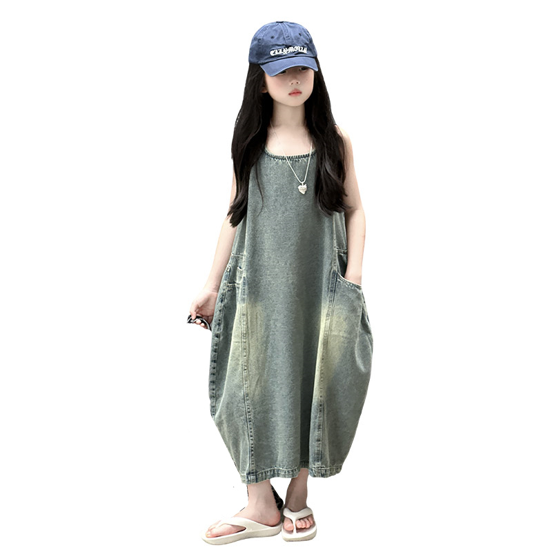 Vintage Fashion Streetwear - Vintage Blue เด็กหญิงคุณภาพสูงแขนกุด Denim ชุด Streetwear
