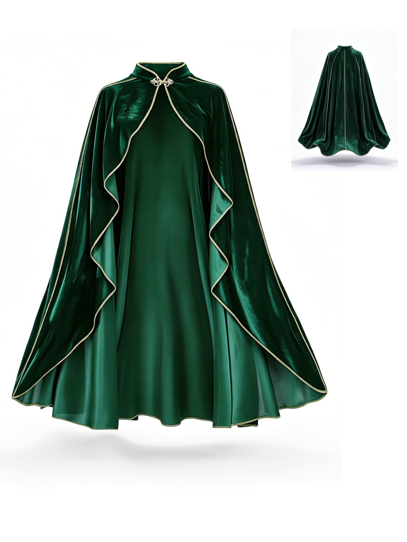 Vintage Victorian Fashion - เสื้อคลุมกำมะหยี่สีเขียวสไตล์วินเทจสำหรับผู้หญิง พร้อมขอบสีทอง คอตั้ง ชุดคอสเพลย์ เสื้อคลุมยาวสำหรับงานปาร์ตี้ฮาโลวีน แต่งกายสไตล์ยุคกลางเรอเนซองส์