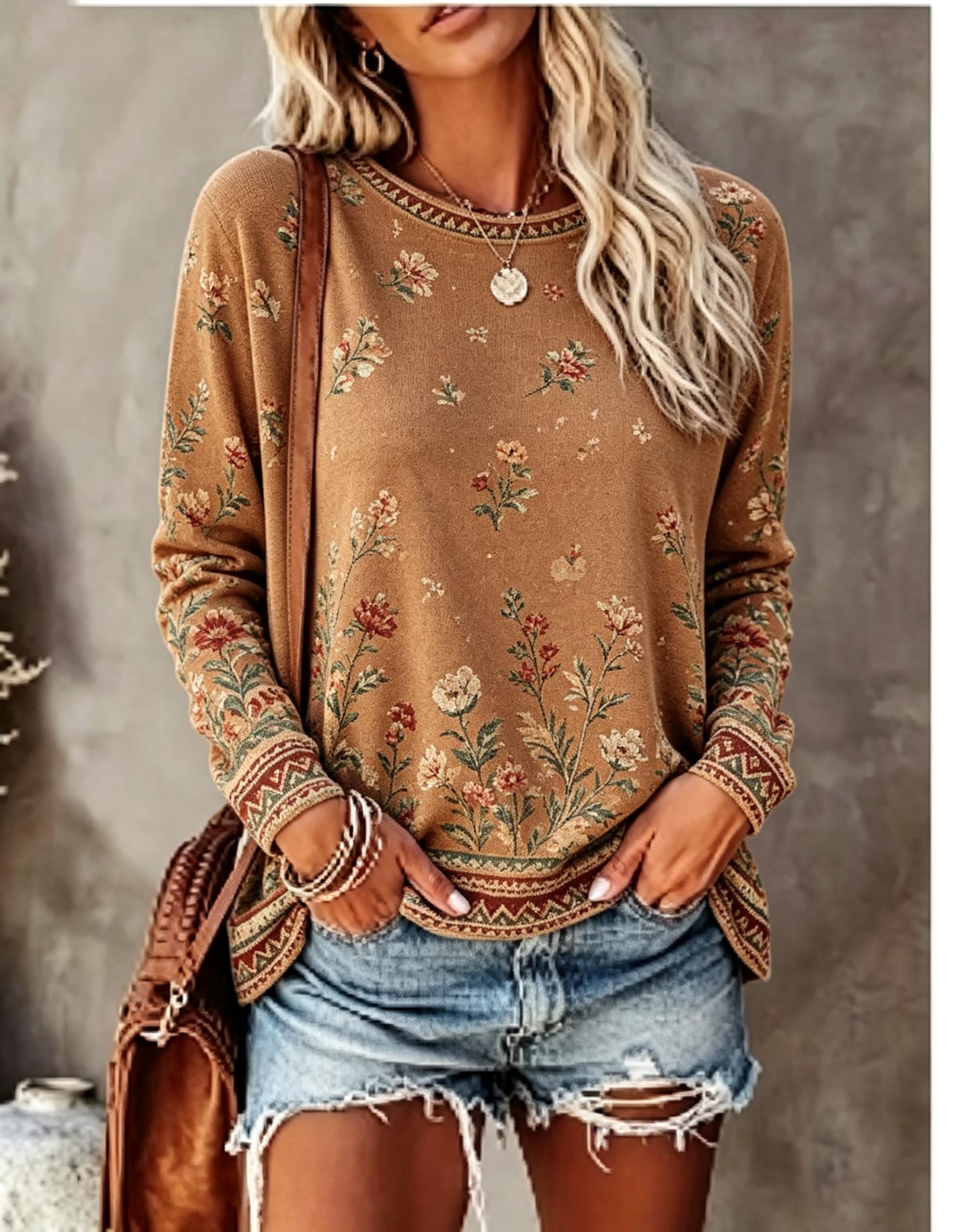 Printed Floral Shirt - เสื้อยืดแขนยาวคอกลมสำหรับผู้หญิง ลายดอกกุหลาบวินเทจ สไตล์ลำลอง ทรงหลวม