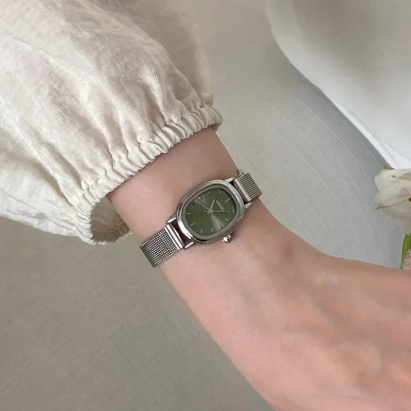 Vintage Fashion Watches - รูปไข่ขนาดเล็ก Dial สีเขียวนาฬิกาสแตนเลสสุภาพสตรีนาฬิกาข้อมือแบรนด์ผู้หญิงหรูหราของขวัญควอตซ์นาฬิกา Dropshipping