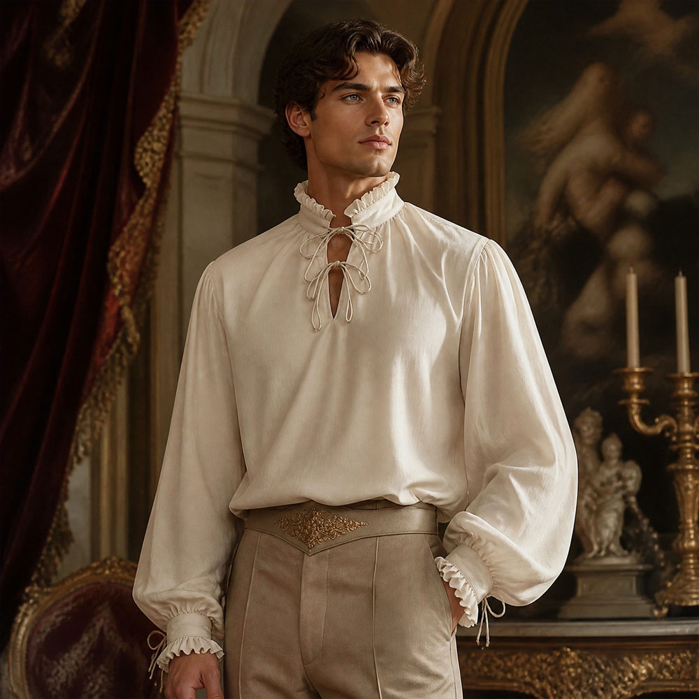 Vintage Victorian Fashion - เสื้อโจรสลัดยุคกลางเรอเนซองส์สำหรับผู้ชาย เสื้อคอตั้งแต่งระบาย แขนยาวทรงโคมไฟ เสื้อคอสเพลย์วิคตอเรียน เสื้อสไตล์กอธิค