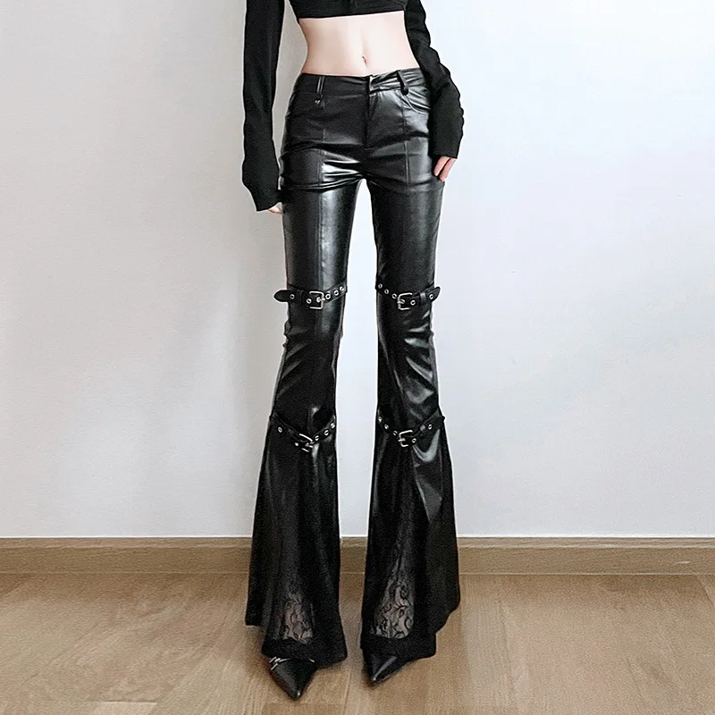 Vintage Fashion Streetwear - กางเกงทรงบานหนัง PU สำหรับผู้หญิง, หัวเข็มขัดแบบกอธิค, ตกแต่งด้วยผ้าลูกไม้, สตรีทแวร์สไตล์