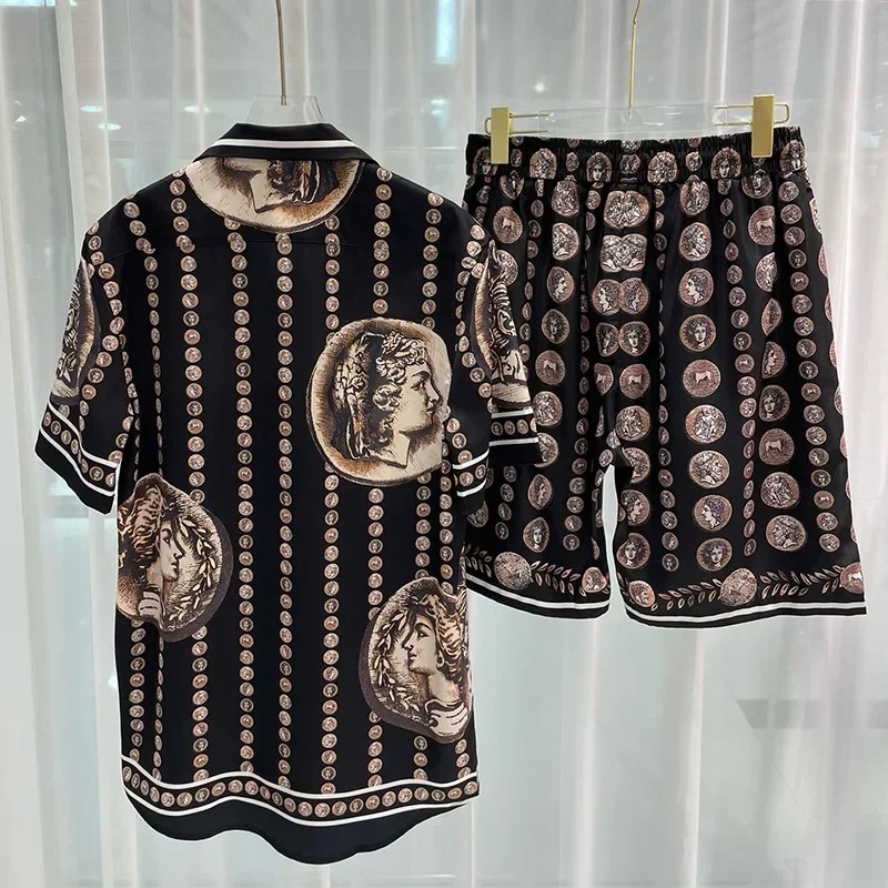Vintage Victorian Fashion - ชุดเสื้อเชิ้ตผู้ชาย Royal Luxury ลายวินเทจ พิมพ์ลายตัวอักษร ชุดเสื้อฮาวาย