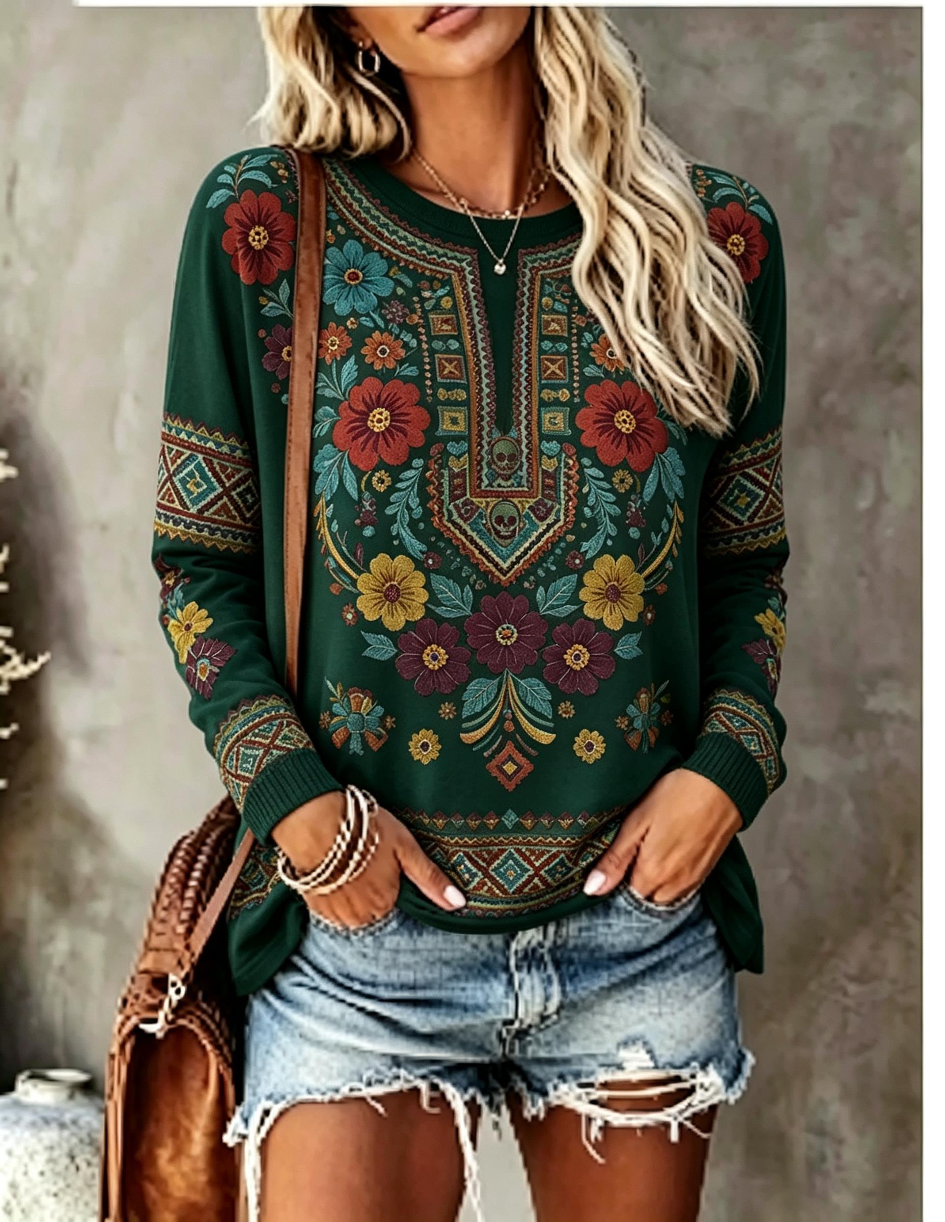 เสื้อยืดแขนยาวคอกลมสำหรับผู้หญ - Printed Floral Shirt บทวิจารณ์และราคา