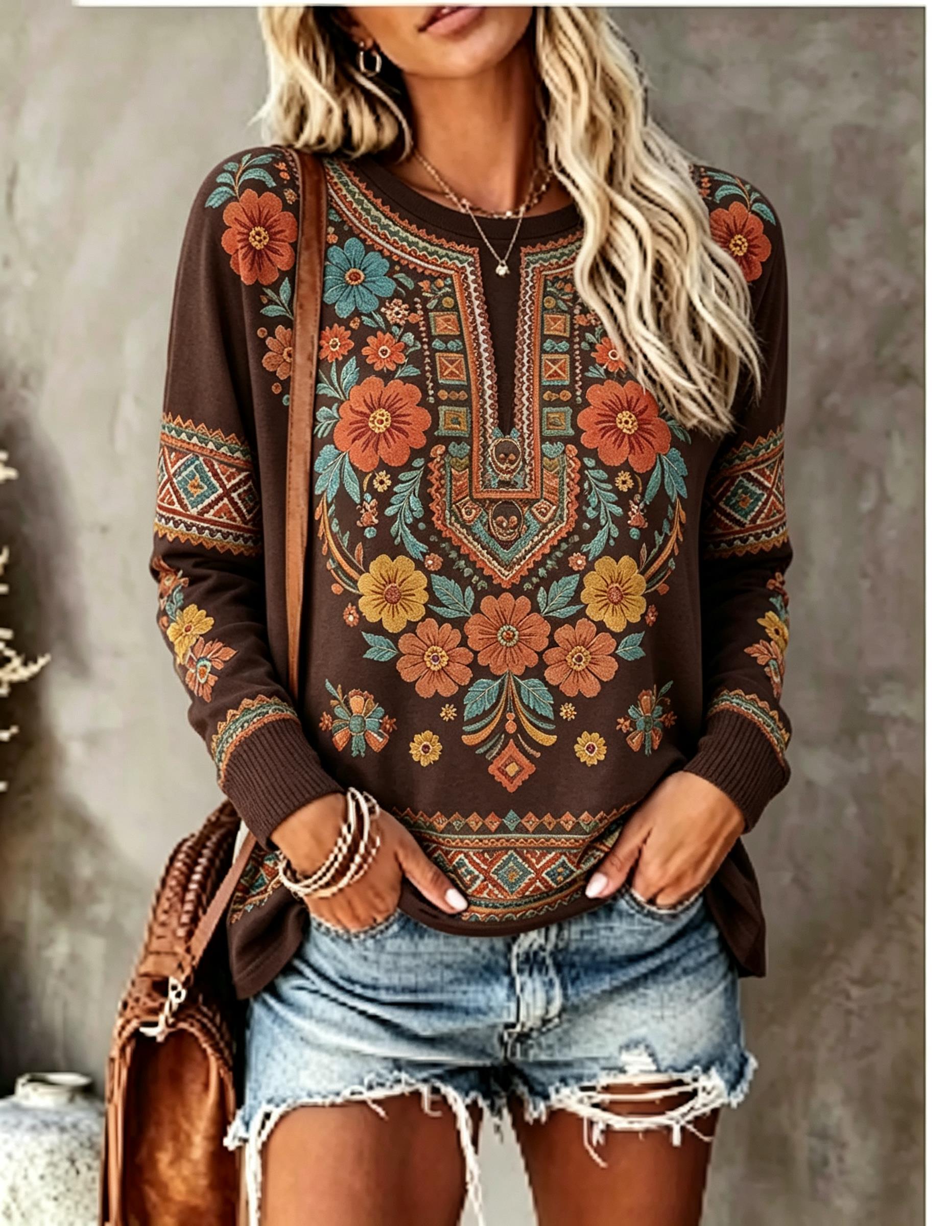 เสื้อยืดแขนยาวคอกลมสำหรับผู้หญ - Printed Floral Shirt บทวิจารณ์และราคา