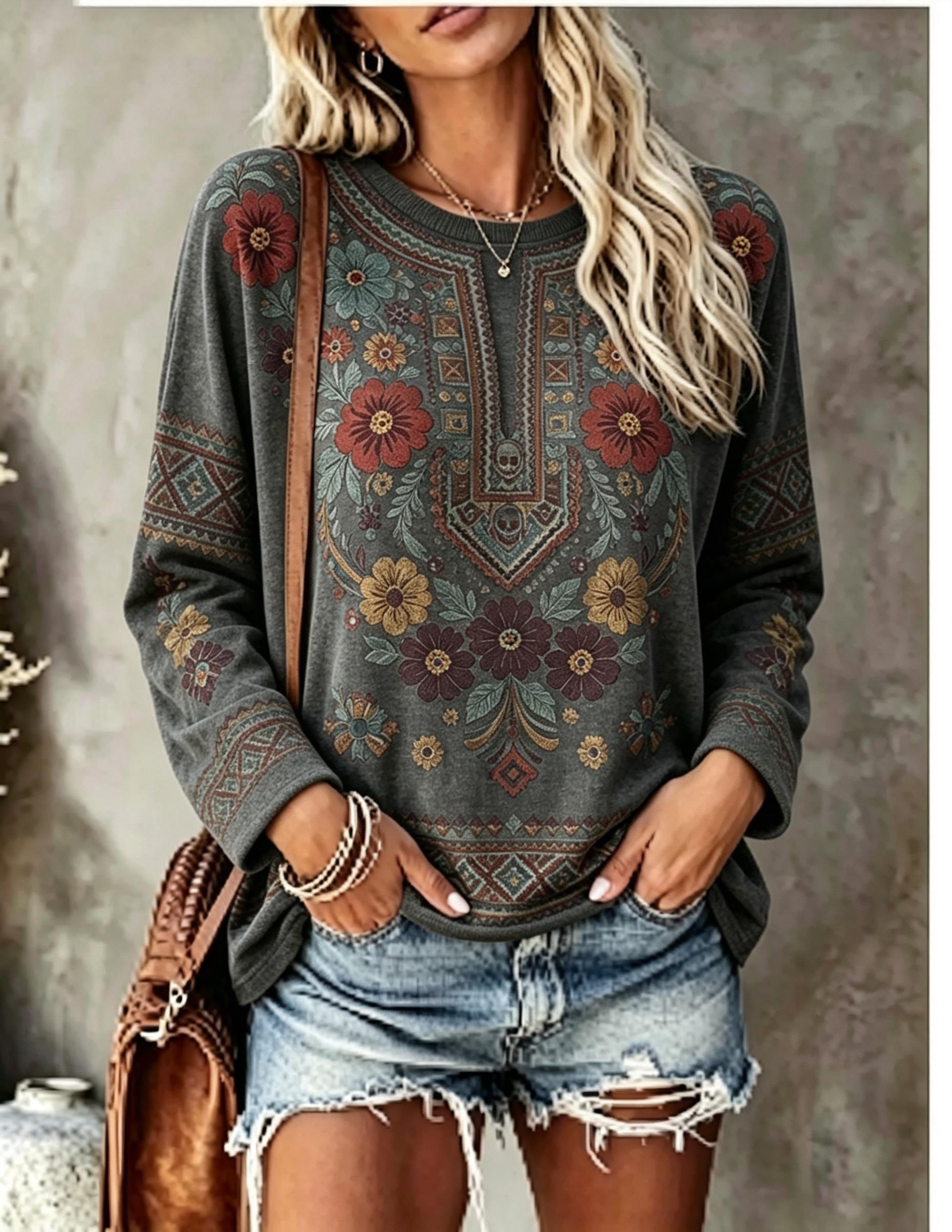 เสื้อยืดแขนยาวคอกลมสำหรับผู้หญ - Printed Floral Shirt บทวิจารณ์และราคา