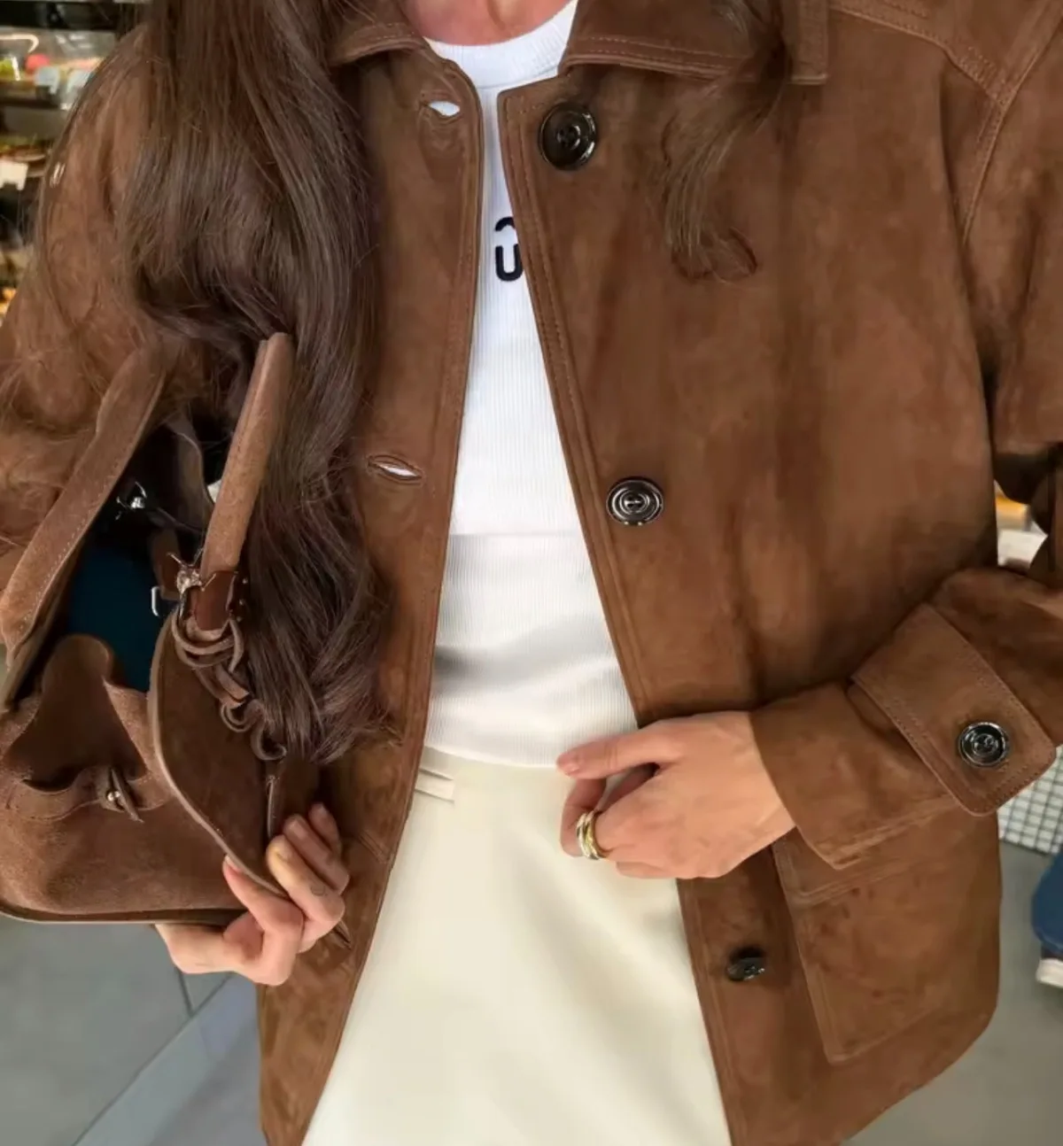 เสื้อแจ็คเก็ตหนังกลับสีน้ำตาลส - Vintage Fashion Old Money บทวิจารณ์และราคา