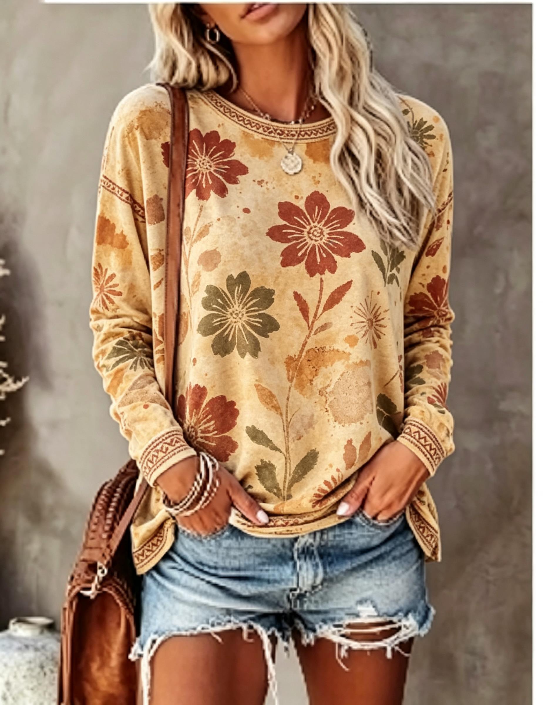 เสื้อยืดแขนยาวคอกลมสำหรับผู้หญ - Printed Floral Shirt บทวิจารณ์และราคา