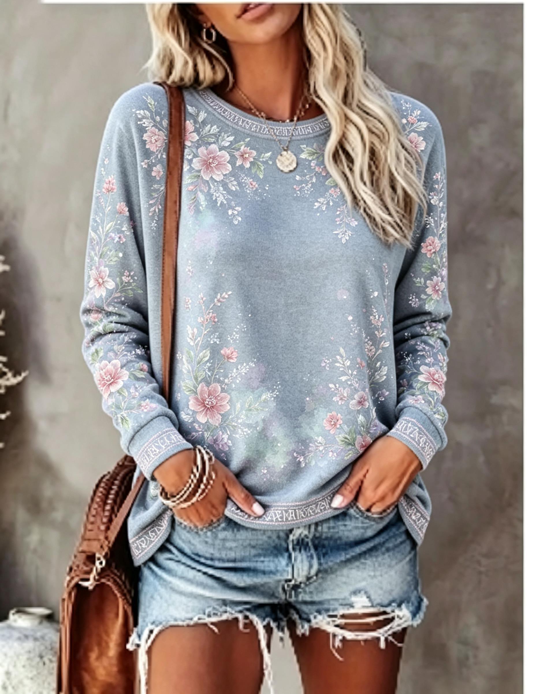 เสื้อยืดแขนยาวคอกลมสำหรับผู้หญ - Printed Floral Shirt บทวิจารณ์และราคา