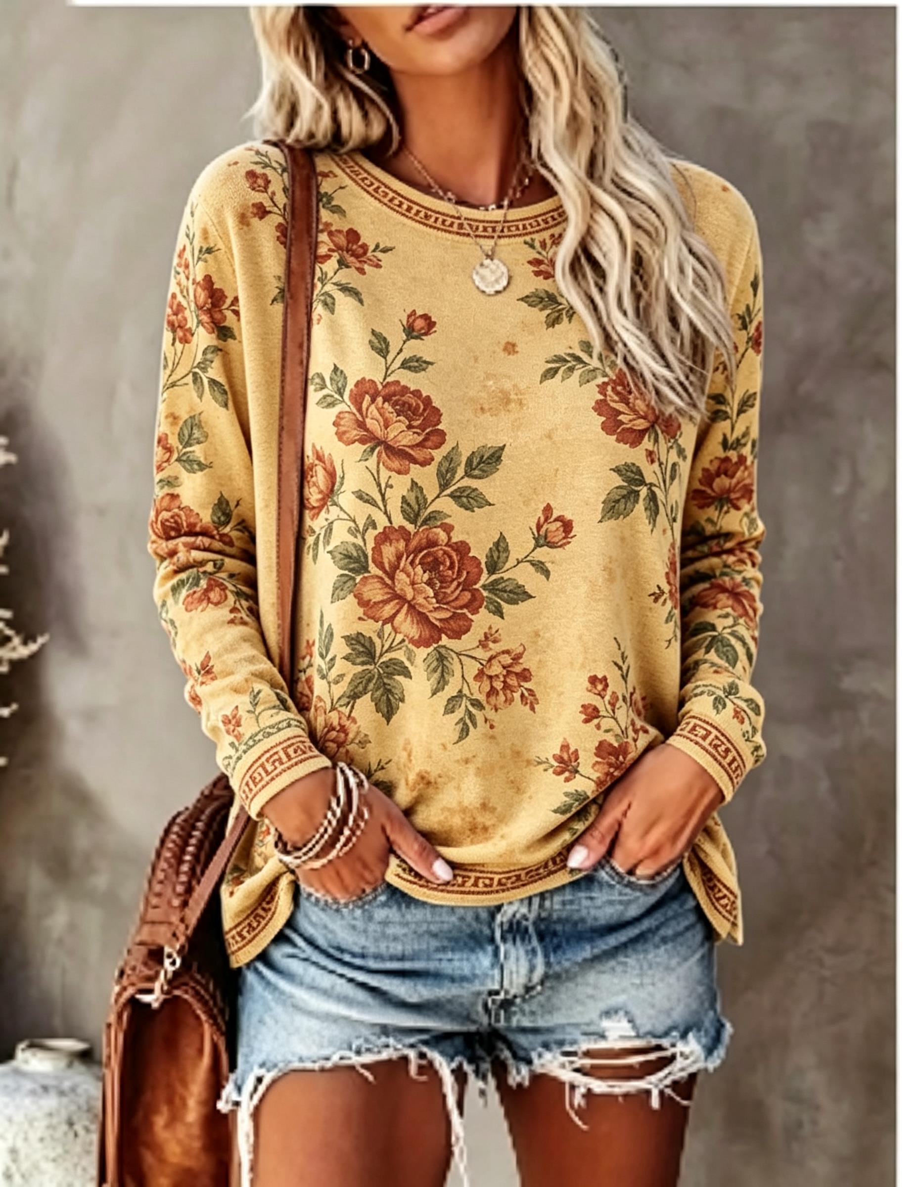 เสื้อยืดแขนยาวคอกลมสำหรับผู้หญ - Printed Floral Shirt บทวิจารณ์และราคา