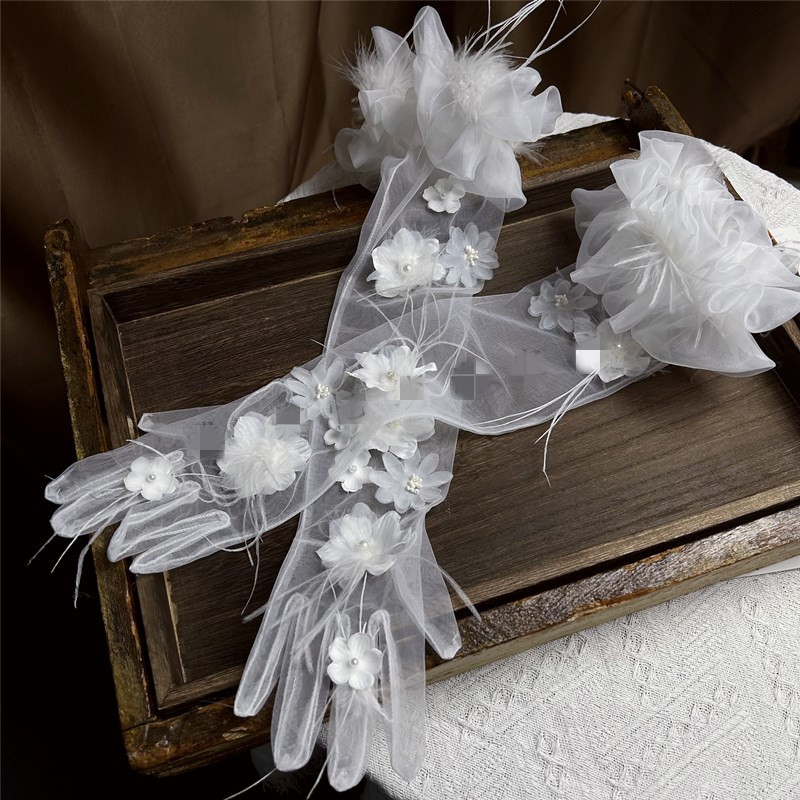 ถุงมือตาข่ายยาวขนนกดอกไม้สวยหร - Vintage Fashion Photographers บทวิจารณ์และราคา