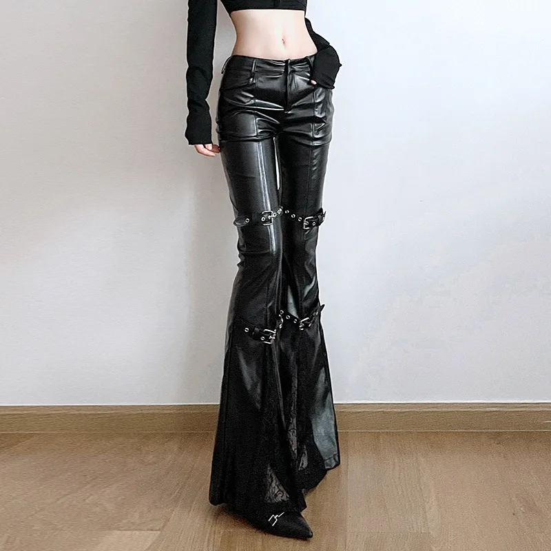 กางเกงทรงบานหนัง PU สำหรับผู้ห - Vintage Fashion Streetwear บทวิจารณ์และราคา